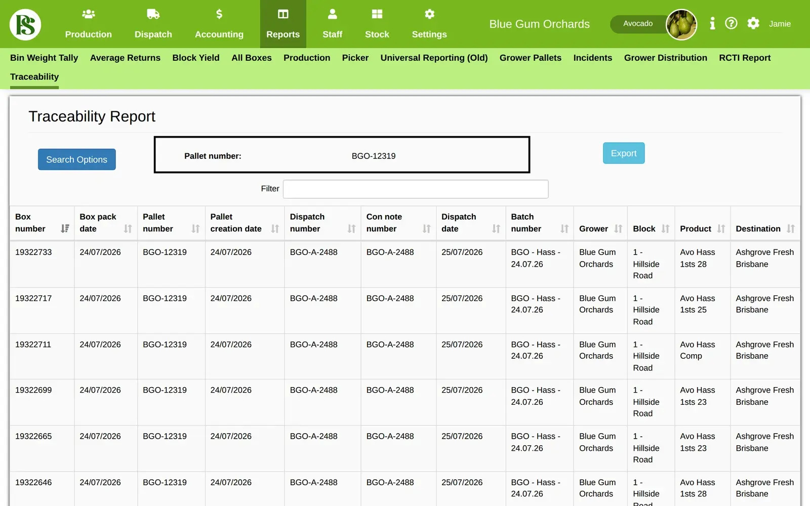 Traceability report in Pack Shed Pro, tracing every box on a pallet back to its batch, grower and block