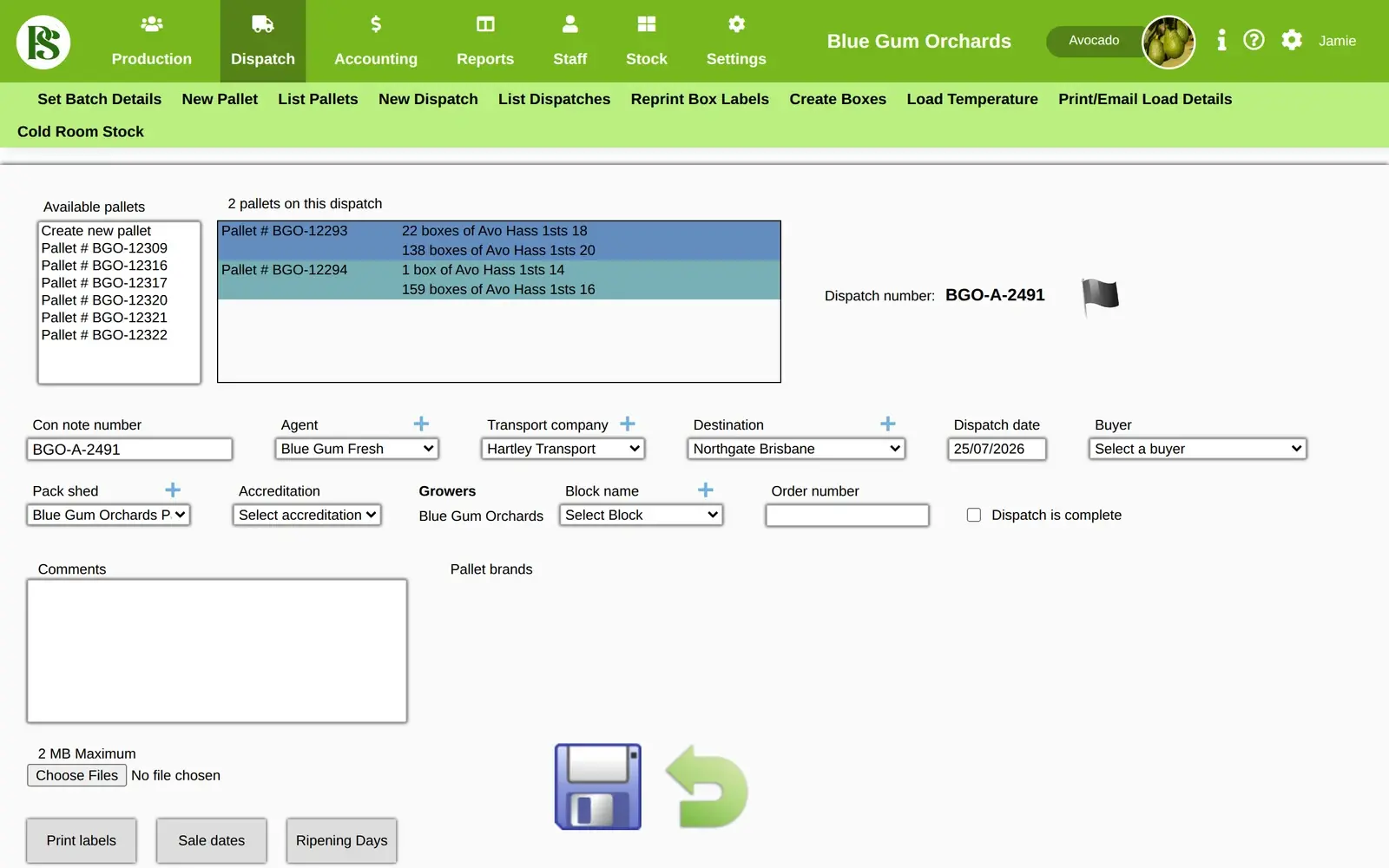 Assigning pallets to a dispatch in Pack Shed Pro