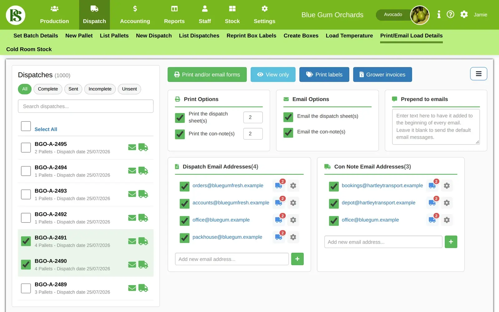 Print and email dispatch sheets and con-notes in Pack Shed Pro