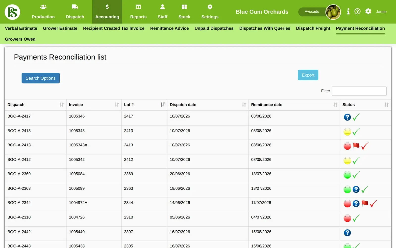Payment reconciliation in Pack Shed Pro, matching each dispatch to its invoice and remittance