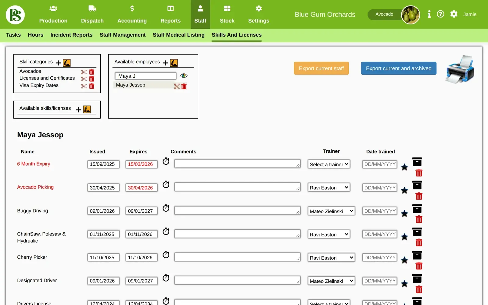 Staff skills and licences in Pack Shed Pro, with issue and expiry dates and trainers