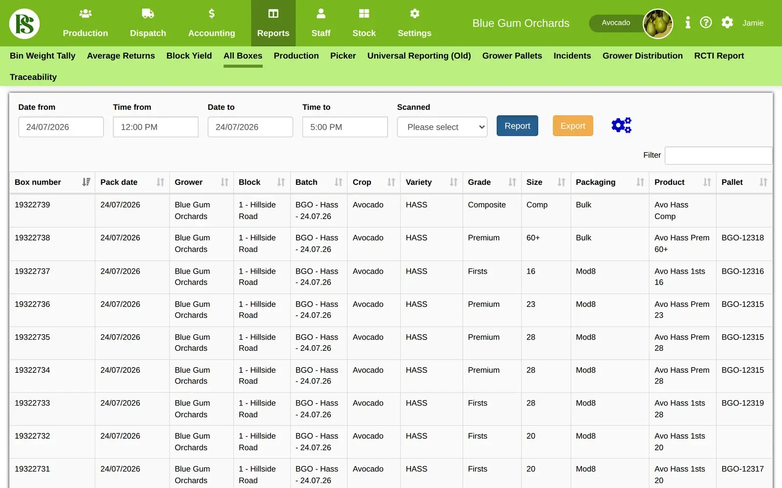 Box records in Pack Shed Pro with grade, size and product for every box from the grader